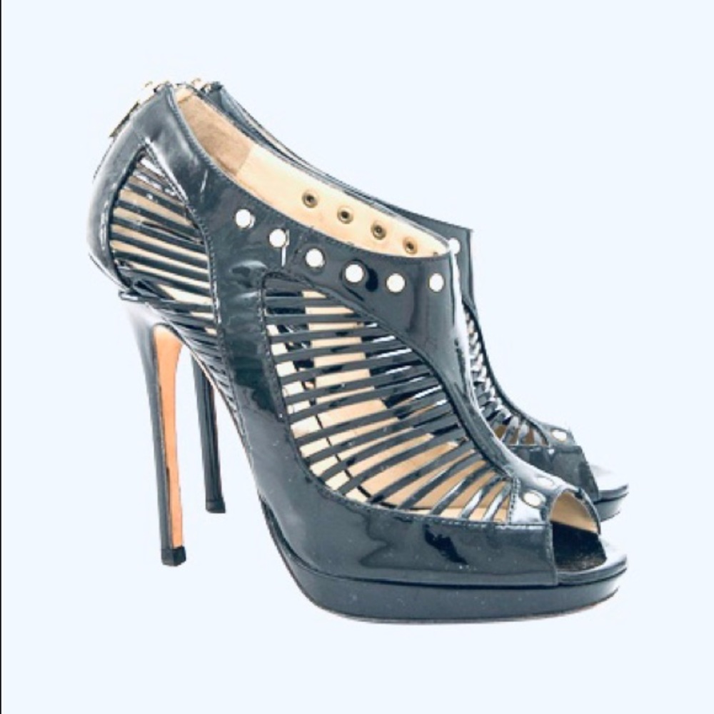 JIMMY CHOO Slit Patent Leather Open Toe Heels-38